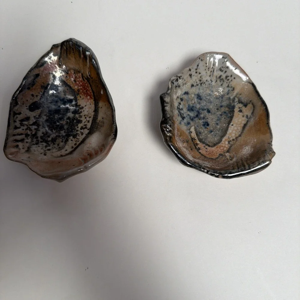 Vintage Studio Pottery Shell Dishes Signed M Oyster Form Pair 4.5